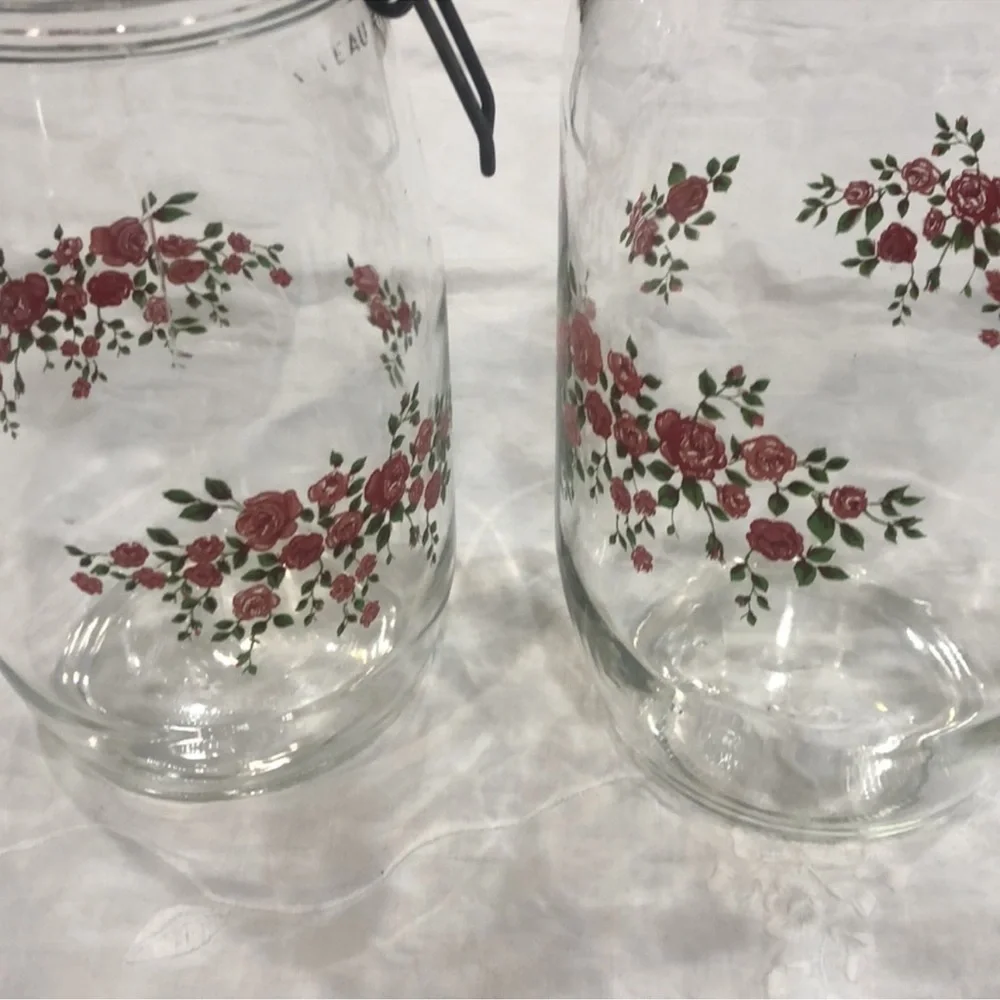 Vintage Arc France Pink Rose canisters 80's Glass Storage Jars with Lids